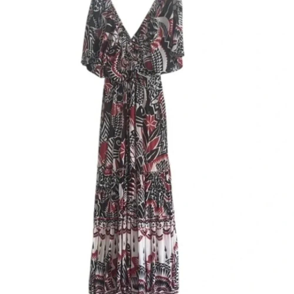 Anthropologie Tiered Maxi Brown and Red Patterned Maxi Dress Size Small NWT - Picture 6 of 8